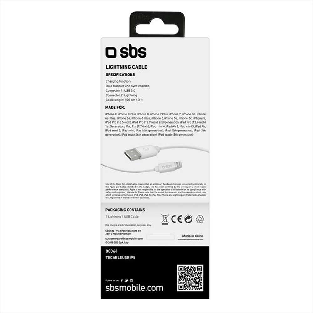 Immagine del prodotto SBS - Cavo ricarica e sincronizzazione per iPhone 5/5S/5-BIANCO