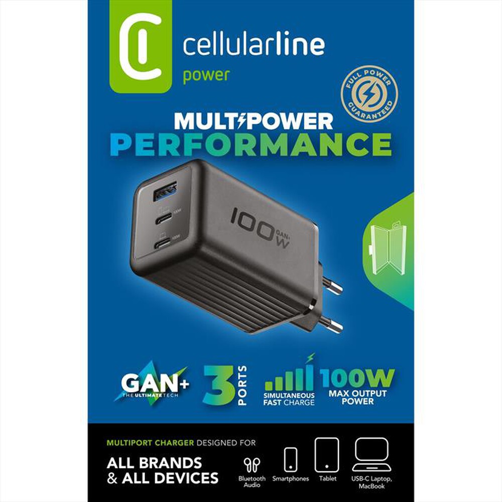Immagine del prodotto CELLULARLINE - Caricabatterie da rete ACH GAN+ 3 PORTE 100W-Nero