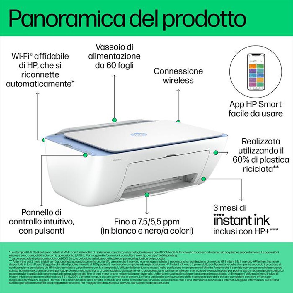 "HP - Stampante DESKJET 2822E 3 MESI DI INCHIOSTRO HP+-Blue Breeze"
