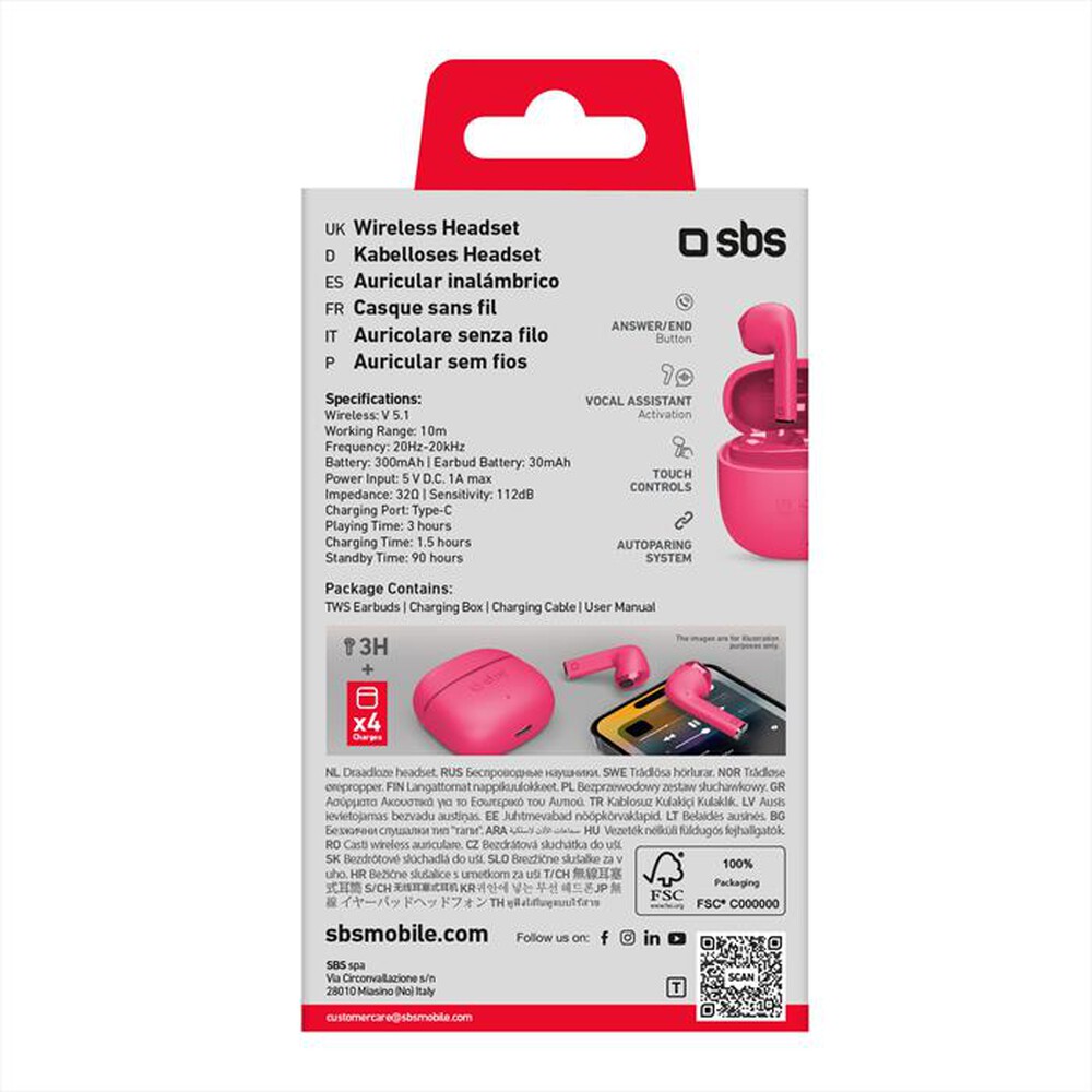 "SBS - Auricolare bluetooth TEEARTWSCOLP-Rosa"