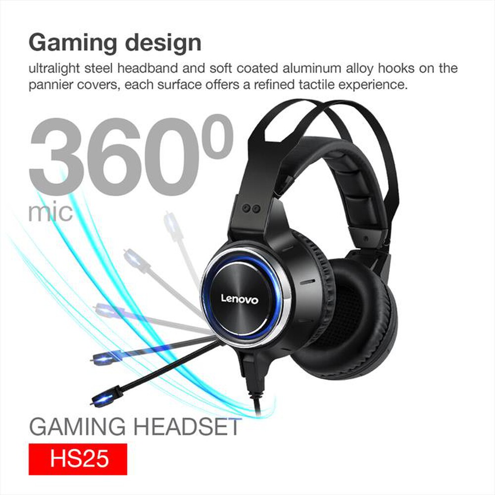 "LENOVO - HS25 CUFFIE GAMING MICROFONO CANC.RUMORE/SURROUND-NERO"