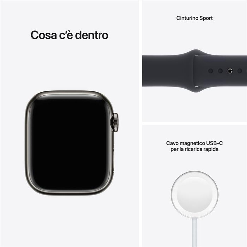 "APPLE - WATCH SERIES 7 GPS + CELLULAR 41MM IN ACCIAIO INOX-Grafite con Sport mezzanotte"