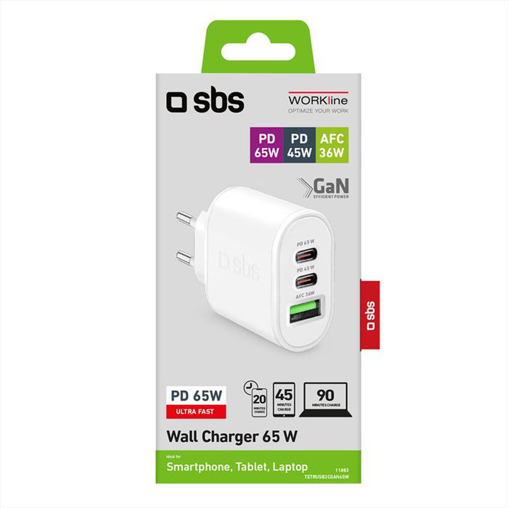 "SBS - Carica batterie TETRUSB2CGAN65W-Bianco"