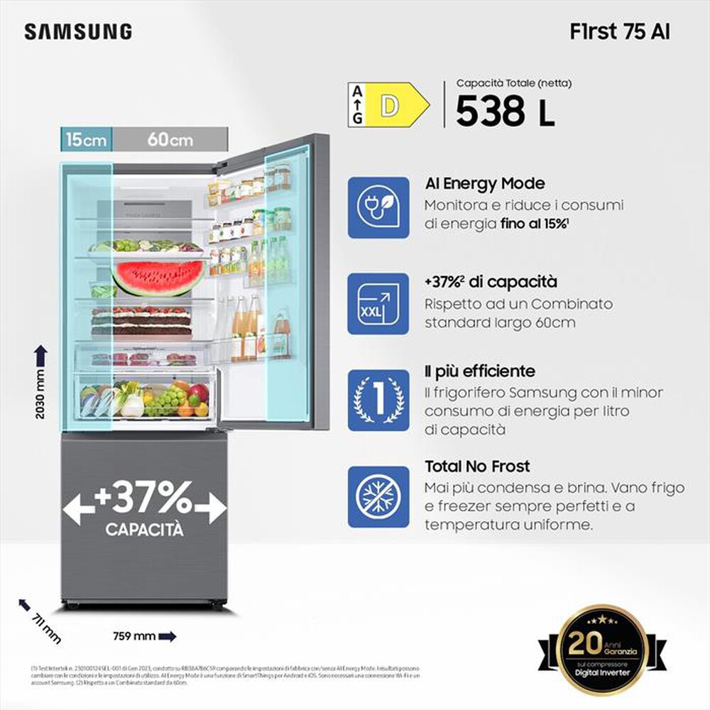 "SAMSUNG - Frigorifero combinato RB53DG703DS9EF ClasseD 538lt-METAL INOX"