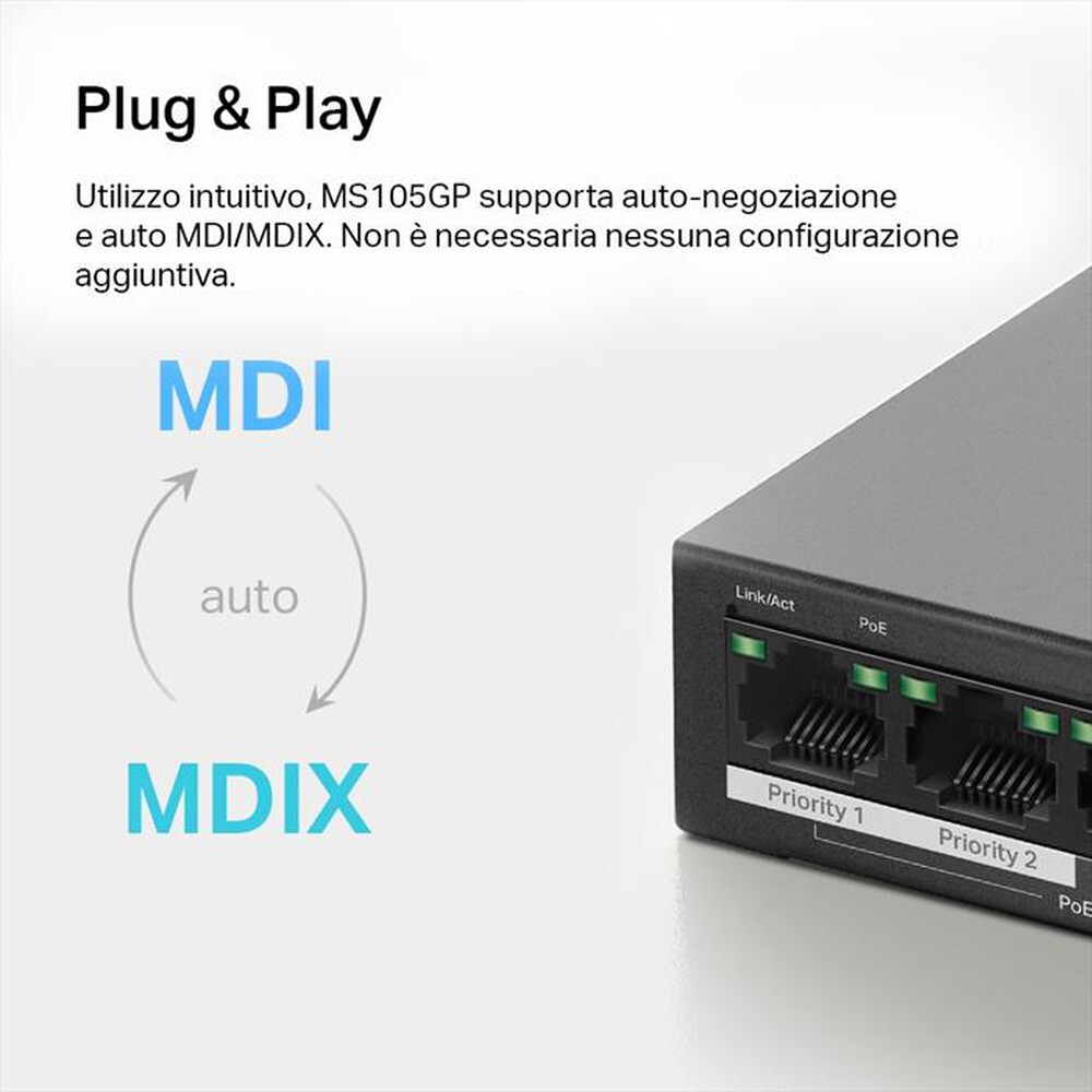 Immagine del prodotto MERCUSYS - 5-PORT GIGABIT DESKTOP SWITCH WITH  4-PORT POE+-nero