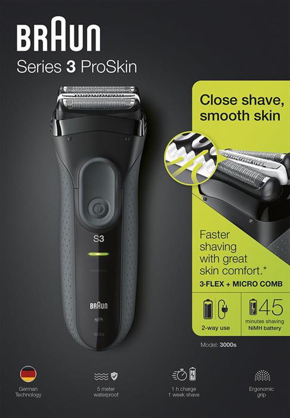 "BRAUN - Rasoio SERIES 3 PROSKIN 3000S-Nero"