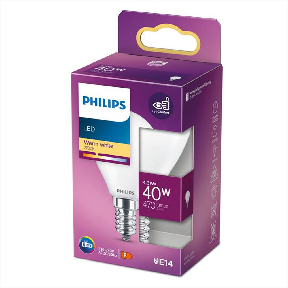 "PHILIPS - LED OLIVA E SFERA 4,3 W 40 W E14 LUCE BIANCA CALDA"