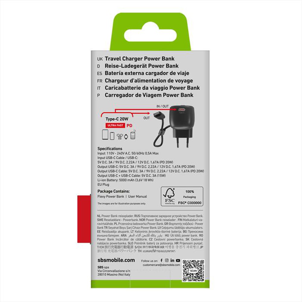 Immagine del prodotto SBS - Powerbank 5.000mAh PD20 con presa EU integrata-Nero