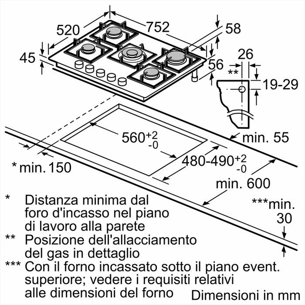 "BOSCH - Piano cottura a gas PPQ7A6I15 75,2 cm-Nero"