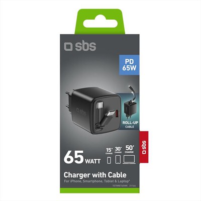 SBS - Caricabatterie USB-C + Cavo integrato 65W-Nera