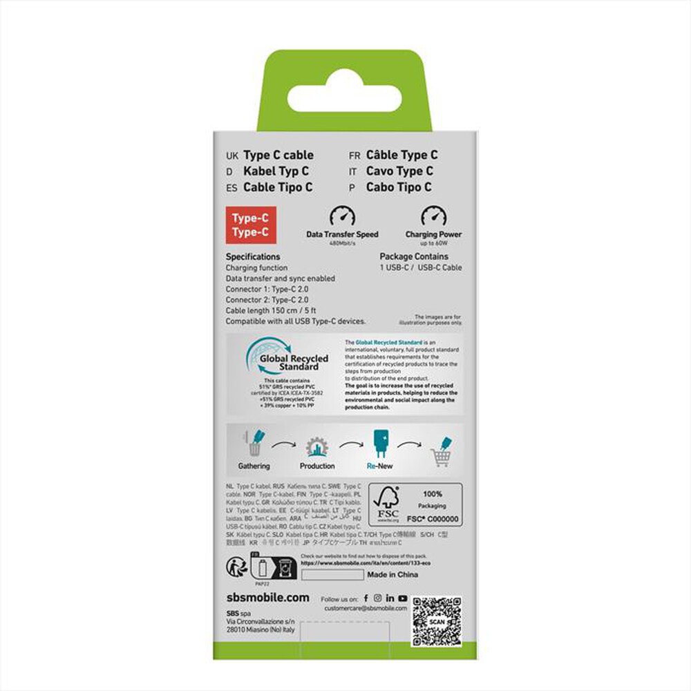 "SBS - Cavo type-C to Type-C TECABLETCC6015LGGRS-Verde chiaro"