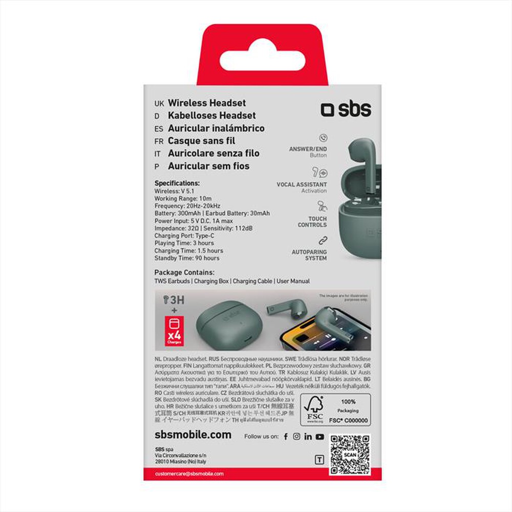 "SBS - Auricolare bluetooth TEEARTWSCOLG-Verde"