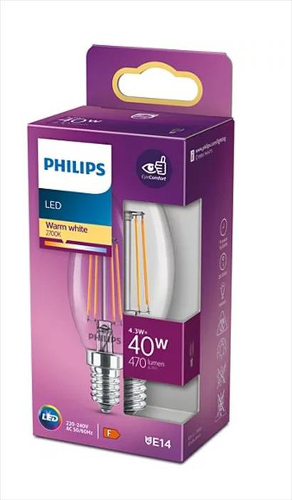 "PHILIPS - LED CANDELA FILAMENTO 40W E14 2700K NON DIM-White"