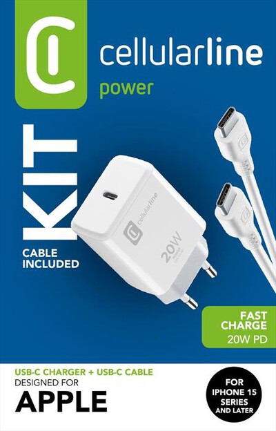 CELLULARLINE - Charger Kit 20W per iPhone 15 ACHIPHKITC2CPD20WW-Bianco