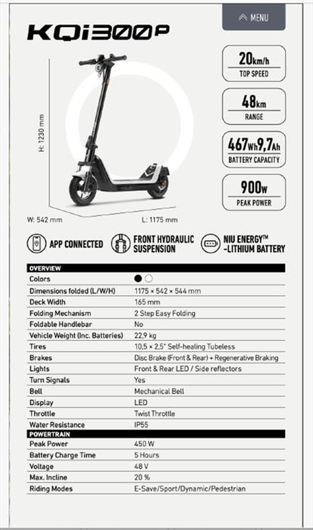 Immagine del prodotto NIU - Monopattino elettrico KQI300-BLACK/WHITE