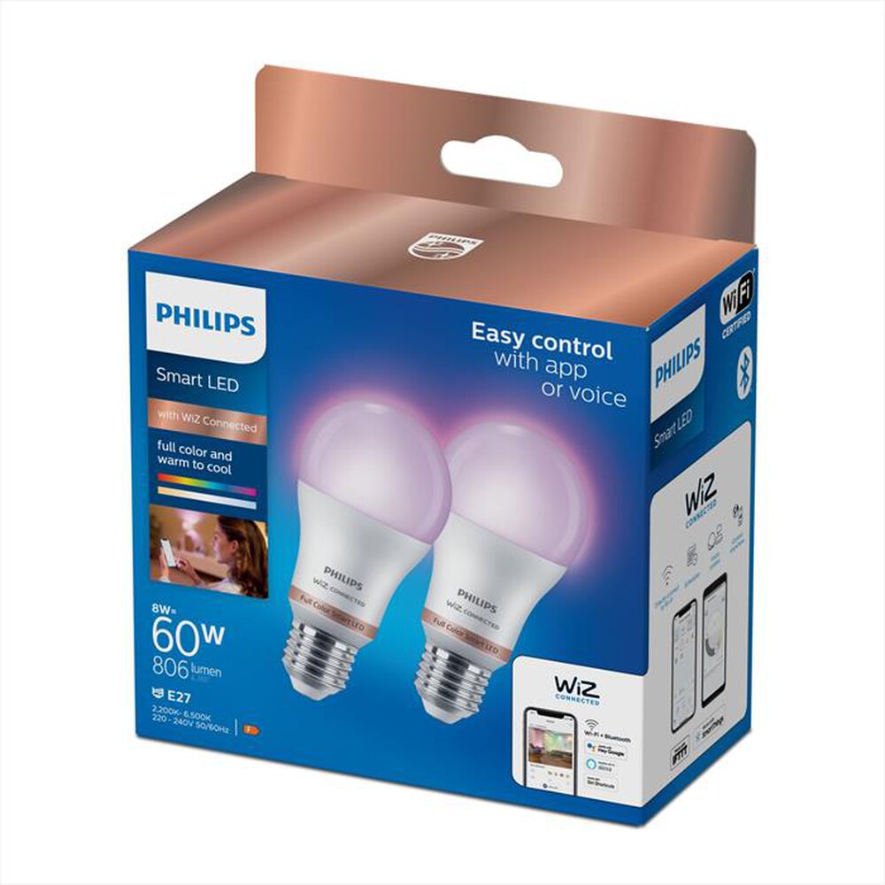 "WIZ - Smart LED Lampadina RGB Smerigliata 60W E27 pack 2-Luce bianca e colorata"