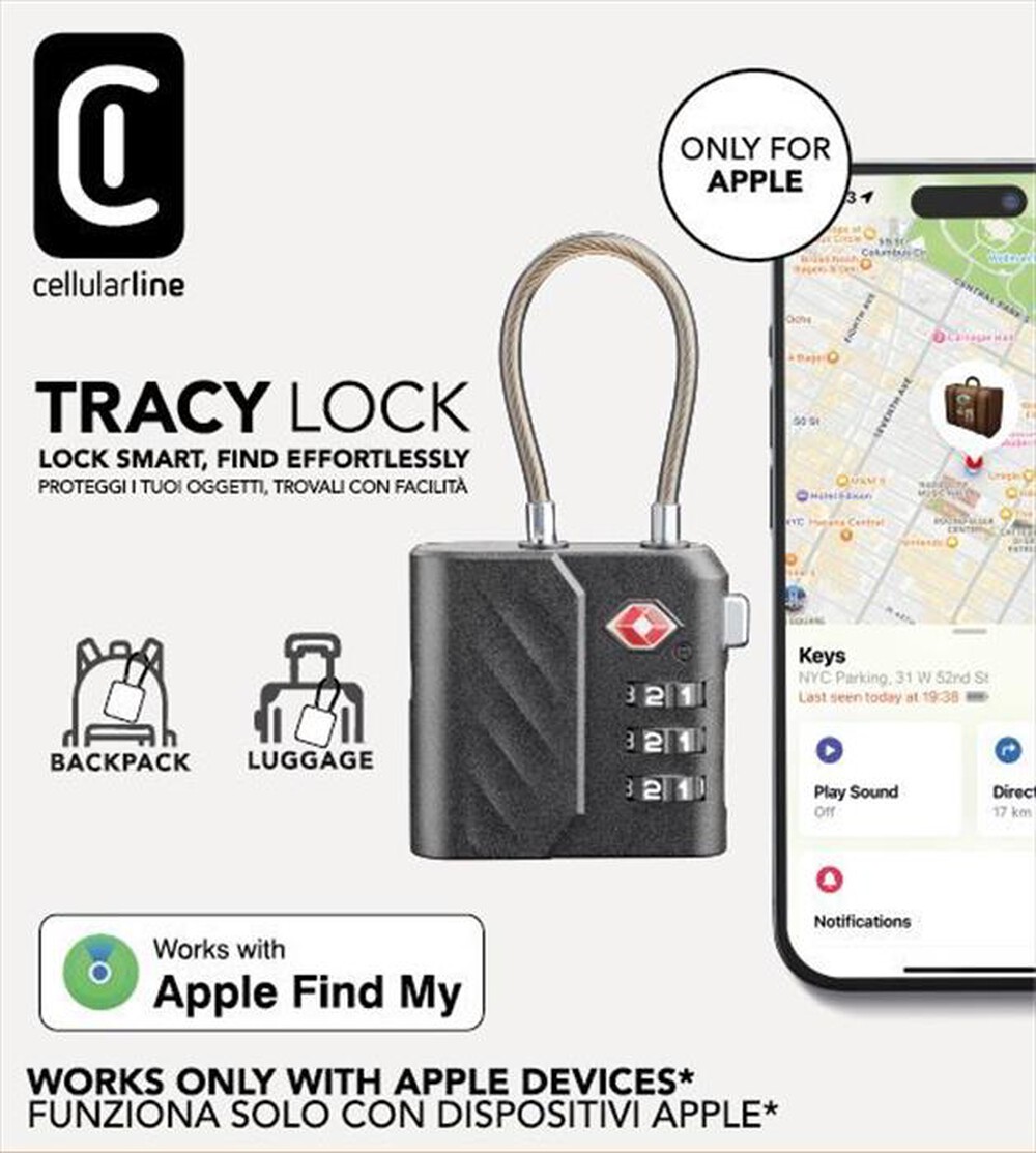 Immagine del prodotto CELLULARLINE - Lucchetto trova oggetti TRACY LOCK DESIGNED x IOS-Nero