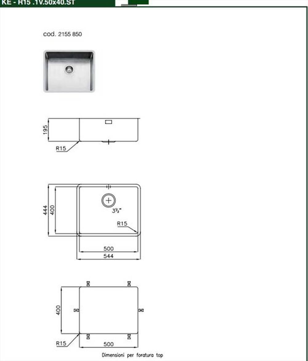 "FOSTER - Lavello lineare 2155850 KE.1V.50x40.ST 1 vasche-Acciaio AISI 304 spazzolato"