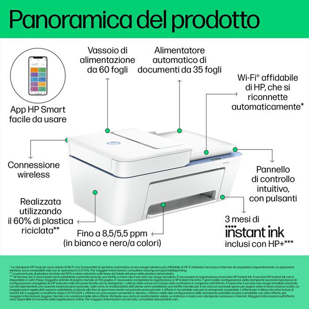 "HP - Multifunzione DESKJET 4222E 3 MESI INCHIOSTRO HP+-Blue Breeze"