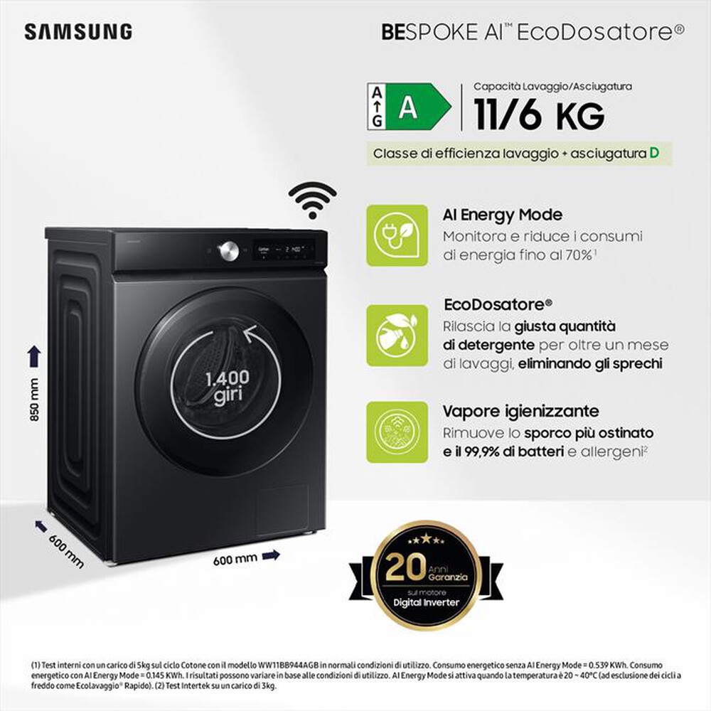"SAMSUNG - Lavasciuga WD11DB7B85GBU3 11/6 Kg Classe A-nera con oblò e display nero"