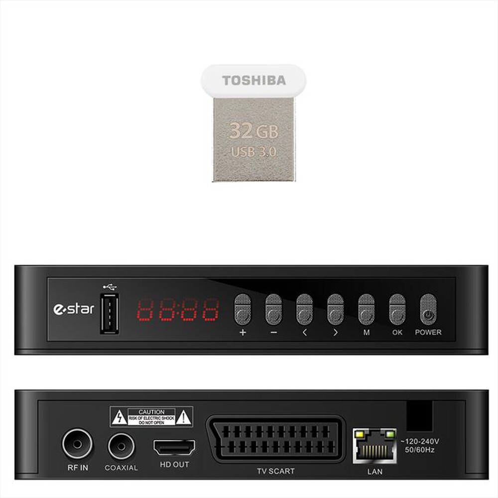 "TOSHIBA - CHIAVE USB 32GB + RICEVITORE DVB T2 618UHD ESTAR-BIANCO E NERO"