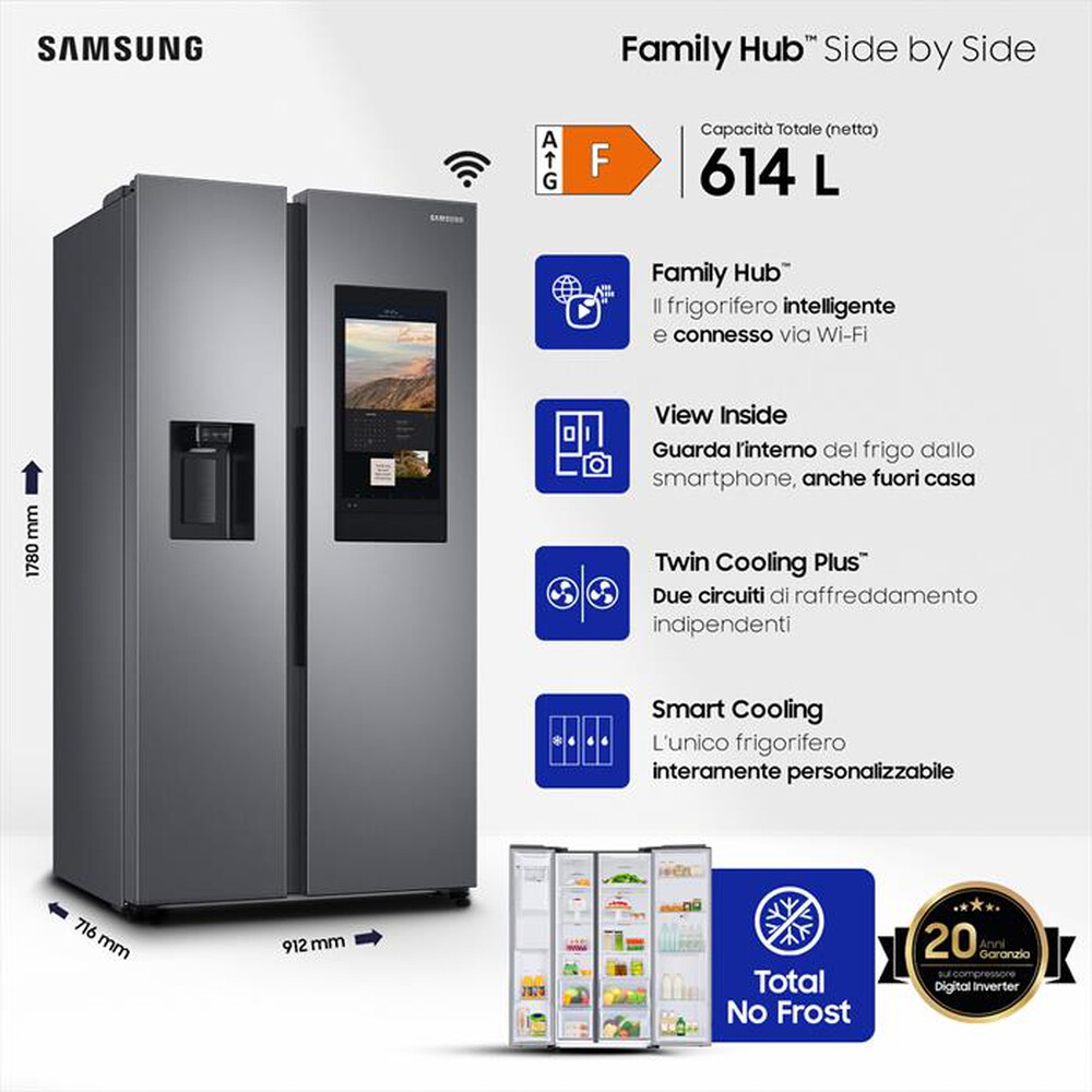 "SAMSUNG - Frigorifero side by side RS6HA8880S9/EF Classe F-Metal Inox"