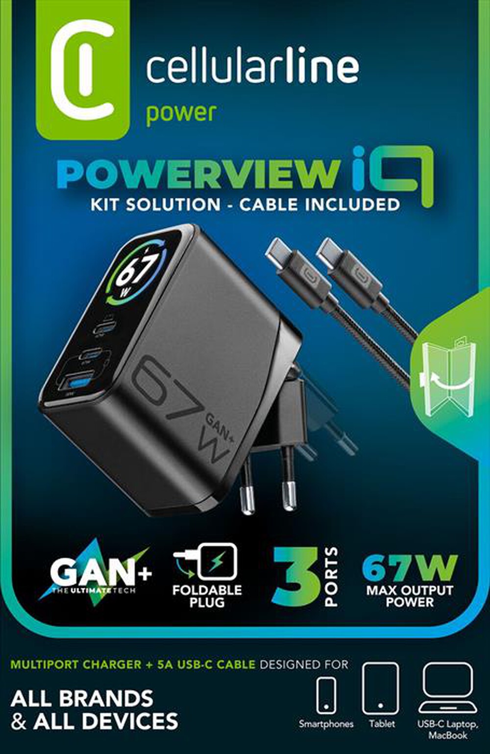 Immagine del prodotto CELLULARLINE - Caricabatterie da rete POWERVIEW IQ KIT ACH 67W-Nero