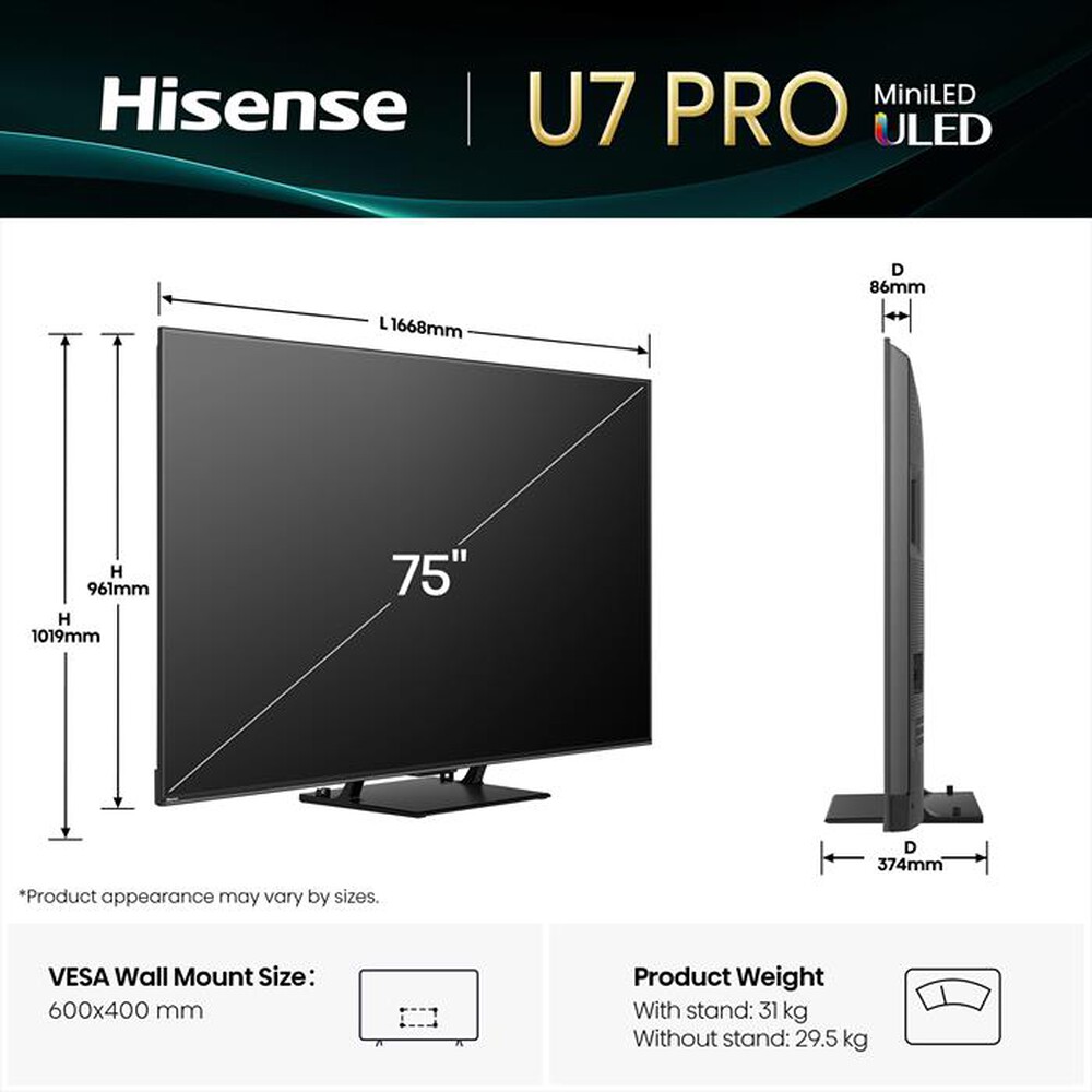 Immagine del prodotto HISENSE - Smart Tv Mini LED PRO 75" 4K 75U7Q PRO 165Hz-NERO