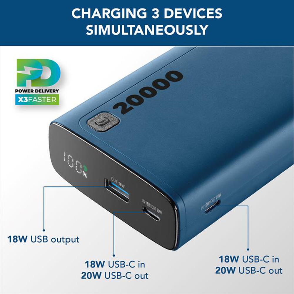 Immagine del prodotto CELLULARLINE - Caricabatterie Portatile PBDISPL01PD20000B-Blu