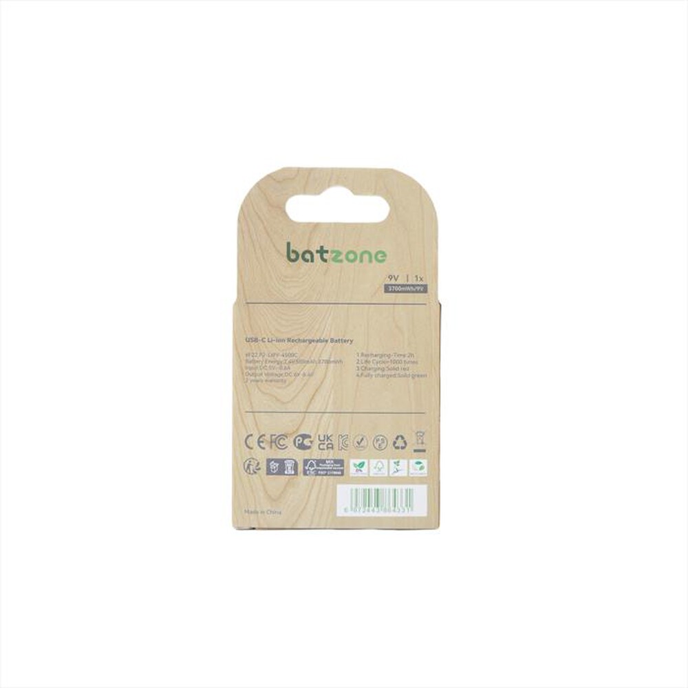 "BATZONE - LI-ION USBC BATT 9V 3700MWH 2PCS CABLE-Marrone/ Legno"