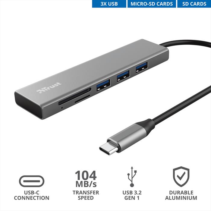 Trust - Halyx Fast Usb-c Hub & Card Reader-grey