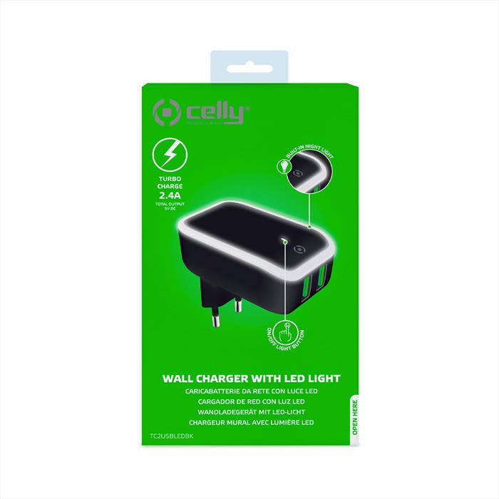 Celly TC2USBLEDBK Caricabatterie Per Dispositivi Mobili Nero, Bianco Interno-image