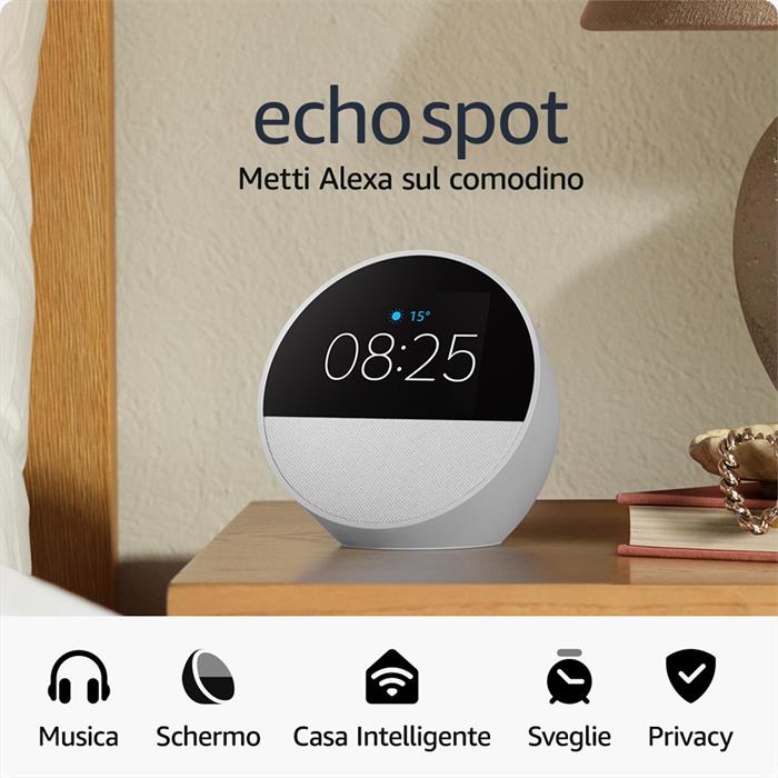 Assistente Vocale Amazon Echo Spot, Bluetooth, Bianco-image