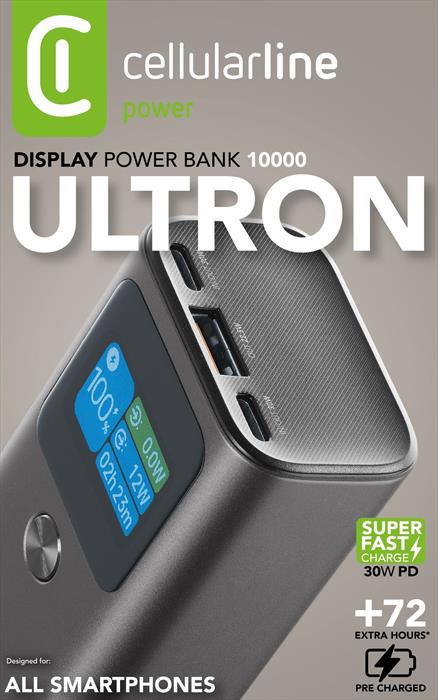 Cellularline - Power Bank 10000mah 30w Display Lcd Pbultron10000d-nero