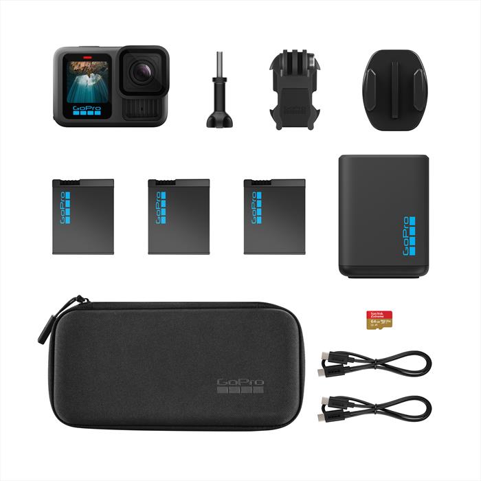 Action Camera Gopro HERO13 Black Extended Power Bundle, Caricabatterie Doppio, 3 Batterie Enduro, Supporto Adesivo Curvo, Sandisk Microsd64Gb, Custodia-image