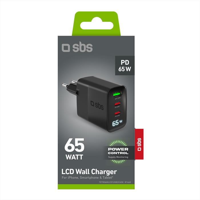 Sbs - Gan Charger 65w 2 C + 1 Usb + Lcd-nera