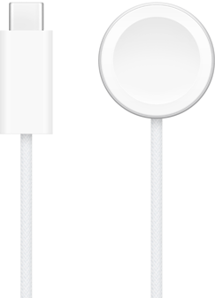 Un caricabatterie USB-C accanto a un cavo magnetico USB-C per la ricarica rapida di Apple Watch