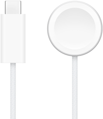 Un caricabatterie USB-C accanto a un cavo magnetico USB-C per la ricarica rapida di Apple Watch