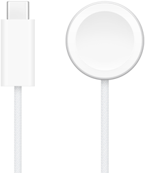 Un caricabatterie USB-C accanto a un cavo magnetico USB-C per la ricarica rapida di Apple Watch