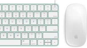 Vista dall’alto ravvicinata di una Magic Keyboard con Touch ID accanto a un Magic Mouse.