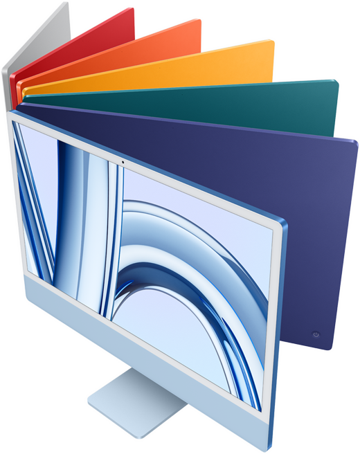 Vista dall’alto di 7 iMac nei colori argento, blu, viola, rosa, arancione, giallo e verde.