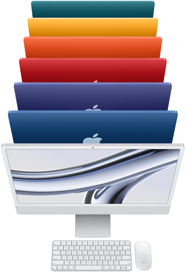 Vista laterale di una fila di iMac rivolti verso destra nei colori verde, giallo, arancione, rosa, viola, blu e argento.
