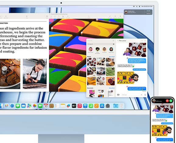 Un iMac accanto a un iPhone che mostra la condivisione di messaggi e foto tra i due dispositivi tramite la funzione Continuity.