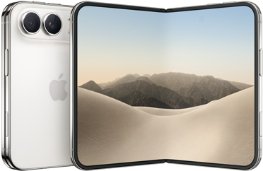 iPhone Duo bianco stellare chiuso, mostrato da dietro, sistema a doppia fotocamera Fusion in alto a sinistra, logo Apple al centro. Display interno aperto, design all-screen, angoli arrotondati