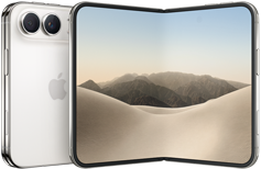iPhone Duo bianco stellare chiuso, mostrato da dietro, sistema a doppia fotocamera Fusion in alto a sinistra, logo Apple al centro. Display interno aperto, design all-screen, angoli arrotondati