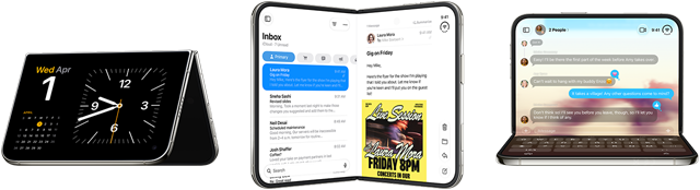 iPhone Duo mostrato in varie posizioni: nella prima è leggermente aperto, appoggiato, con il display esterno in orizzontale, design all-screen. Leggermente aperte, come libri in verticale. Nella terza è aperto ad angolo retto e appoggiato sul display esterno e mostra il display interno, design all-screen
