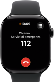 Apple Watch Series 11, cassa in alluminio Jet Black, chiamata di emergenza sul display, lato destro, Digital Crown, cinturino Sport nero