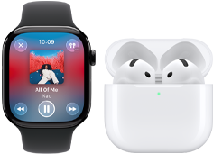 Apple Watch Series 11, cassa in titanio naturale, cinturino Sport grigio pietra, app Apple Music aperta, abbinato a un paio di AirPods 4