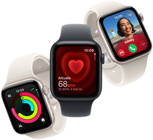 Tre Apple Watch SE 3 fluttuano uno accanto all’altro