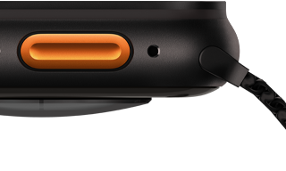 Apple Watch Ultra 3, cassa in titanio nero, sensore convesso sul retro, lato sinistro, altoparlante/presa d’aria, tasto Azione, microfono